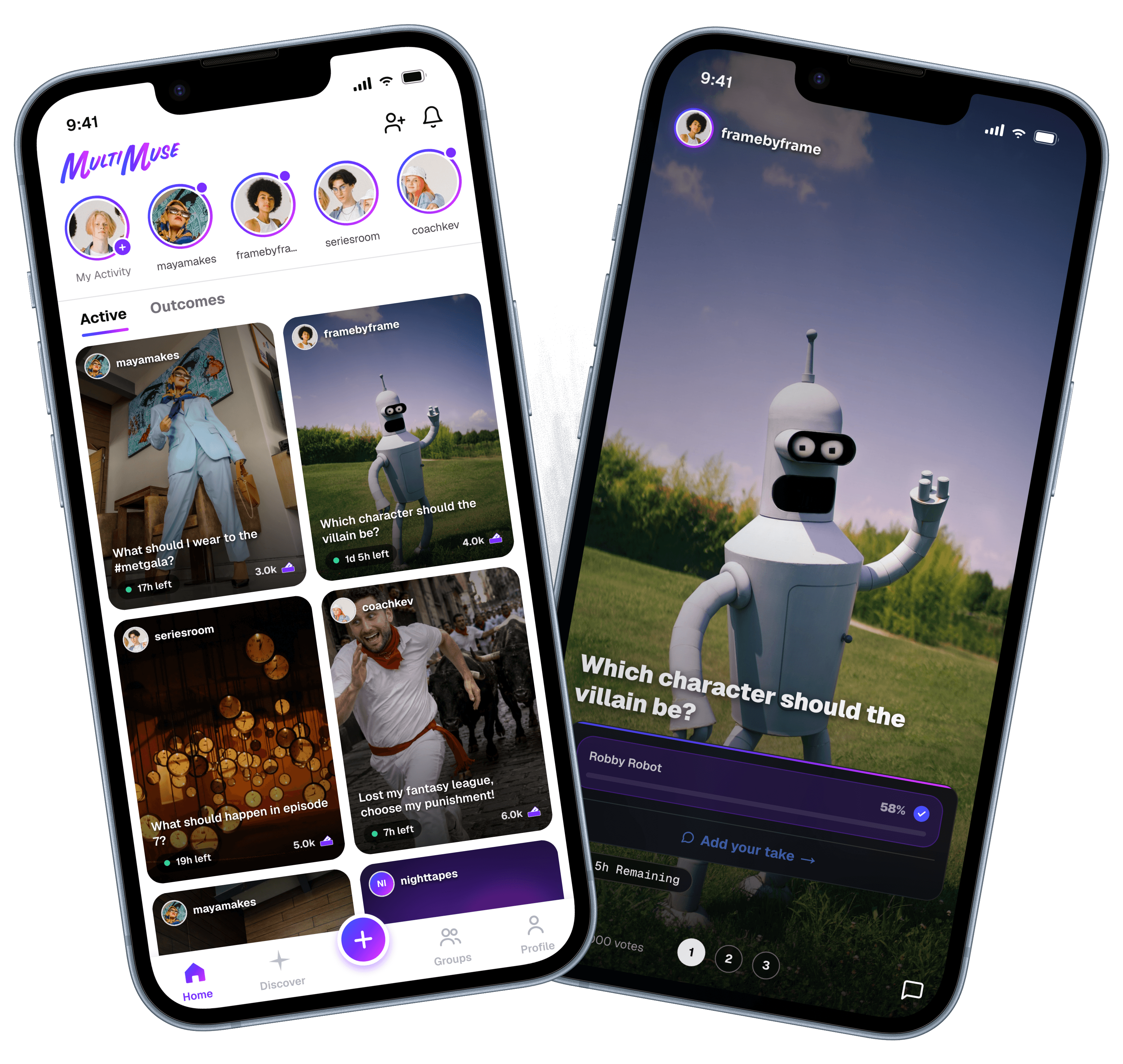 MultiMuse app — a feed of Muses and a live vote on which character should be the villain