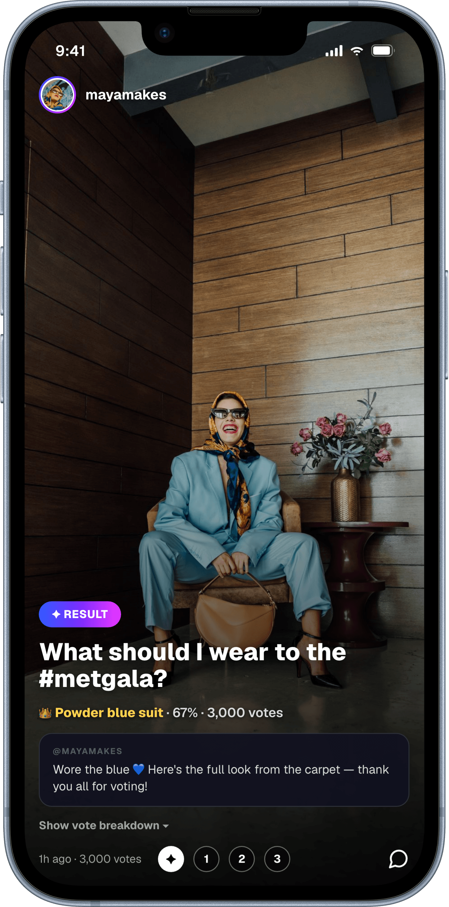 A finished Muse in the MultiMuse app — the powder-blue suit won with 67% of the vote